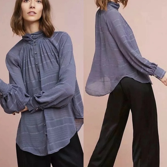 Anthropologie Feather Bone Blue Button Up Blouse - Picture 1 of 8